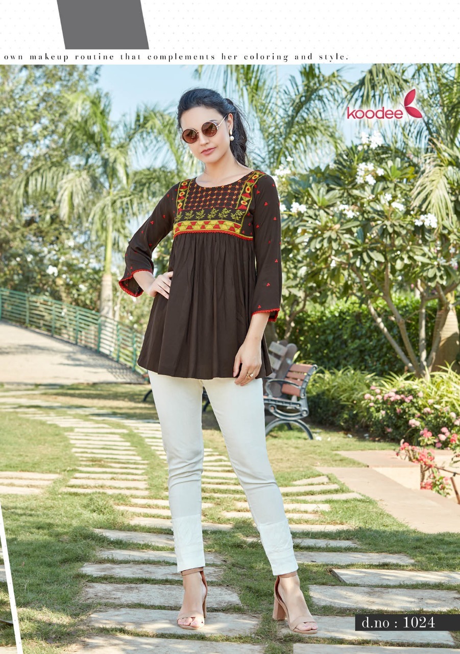 Videshi-4 Designer Short Top Type Rayon Kurtis - 14 Kg Heavy Rayon, 32'' Length, Sizes S-l, 3/4 Sleeve, Embroidered Pattern, Washable, Quick Dry