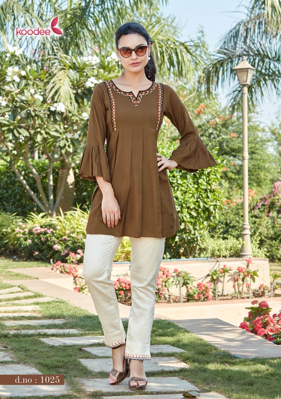 Videshi-4 Designer Short Top Type Rayon Kurtis - 14 Kg Heavy Rayon, 32'' Length, Sizes S-l, 3/4 Sleeve, Embroidered Pattern, Washable, Quick Dry