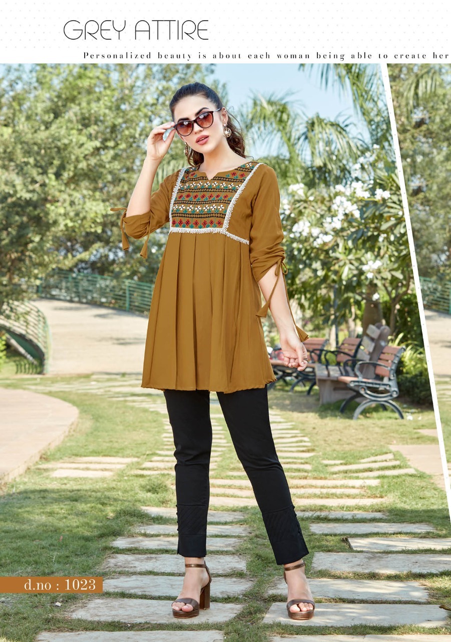 Videshi-4 Designer Short Top Type Rayon Kurtis - 14 Kg Heavy Rayon, 32'' Length, Sizes S-l, 3/4 Sleeve, Embroidered Pattern, Washable, Quick Dry