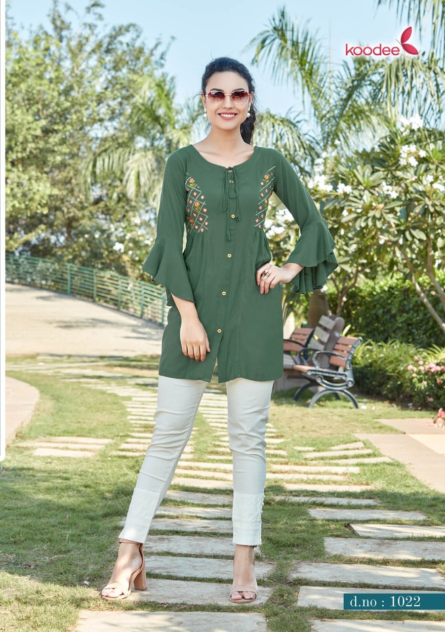 Videshi-4 Designer Short Top Type Rayon Kurtis - 14 Kg Heavy Rayon, 32'' Length, Sizes S-l, 3/4 Sleeve, Embroidered Pattern, Washable, Quick Dry