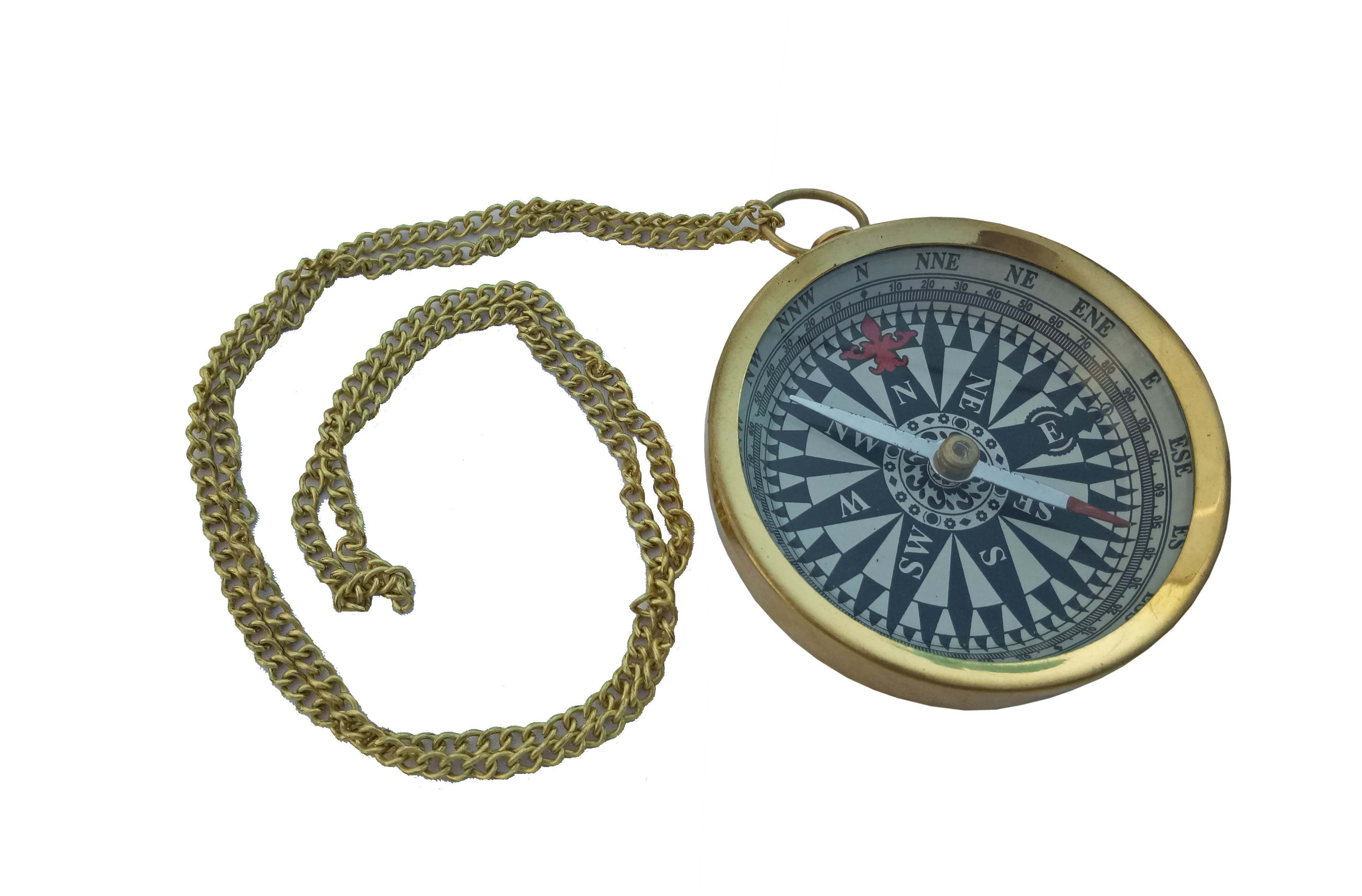 As Shown In Picture Brass Flat Pocket Compass With Chain