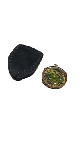 Antique Flat Brass Compass - 2 Inch Size, Handmade Leather Case, Nautical Decor Item with Antique Finish