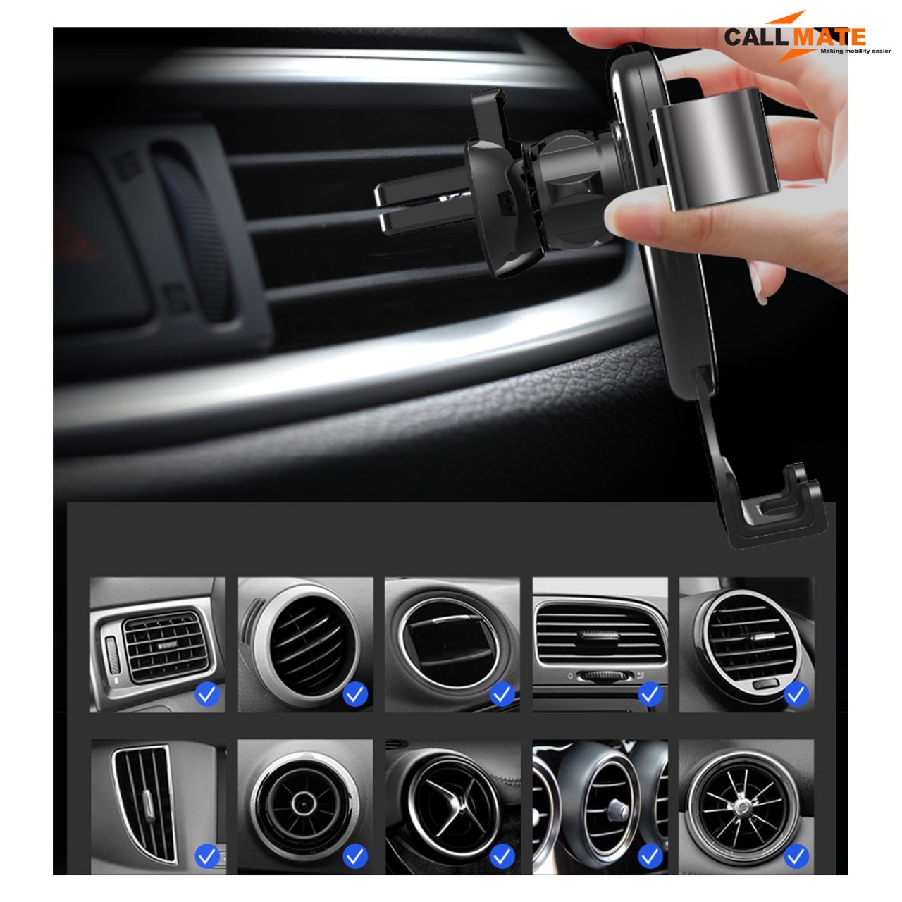 Car Mount Mobile Holder - Pvc Material, Black Color | 6 Months Warranty, Fits All Vehicle Types
