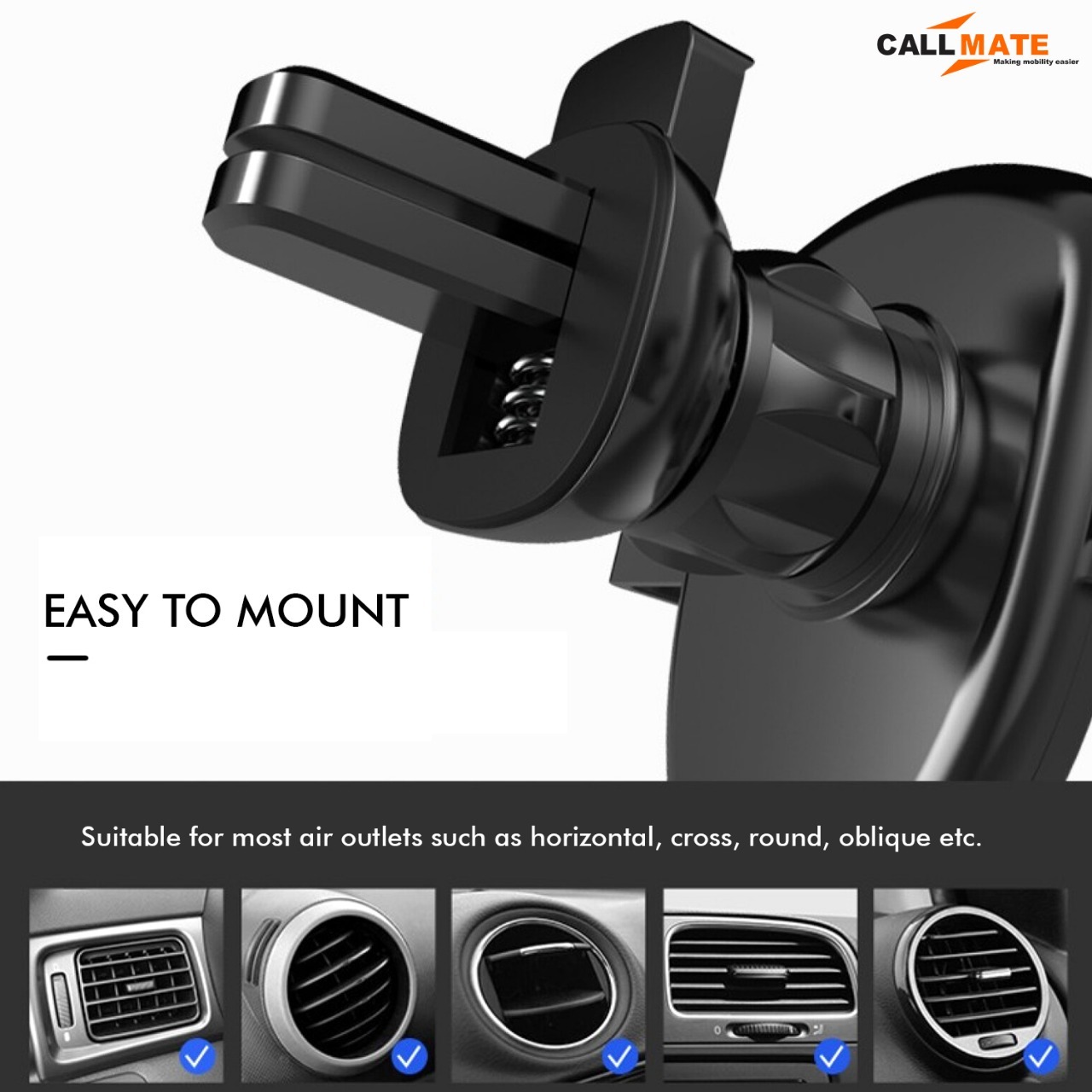 Car Mount Mobile Holder - Pvc Material, Black Color | 6 Months Warranty, Fits All Vehicle Types