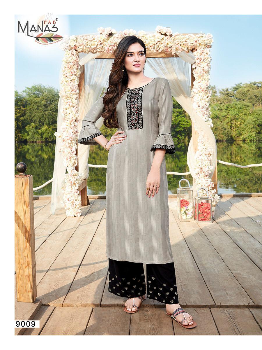 Multi Color Manas Fab Hirwa Vol 2 Rayon Embroidered Kurti With Bottom Catalog