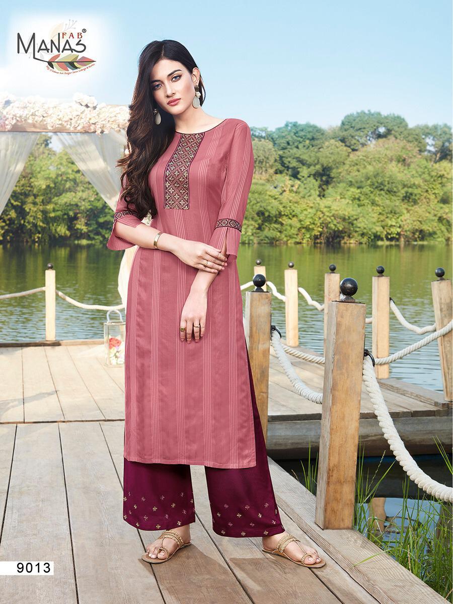 Multi Color Manas Fab Hirwa Vol 2 Rayon Embroidered Kurti With Bottom Catalog