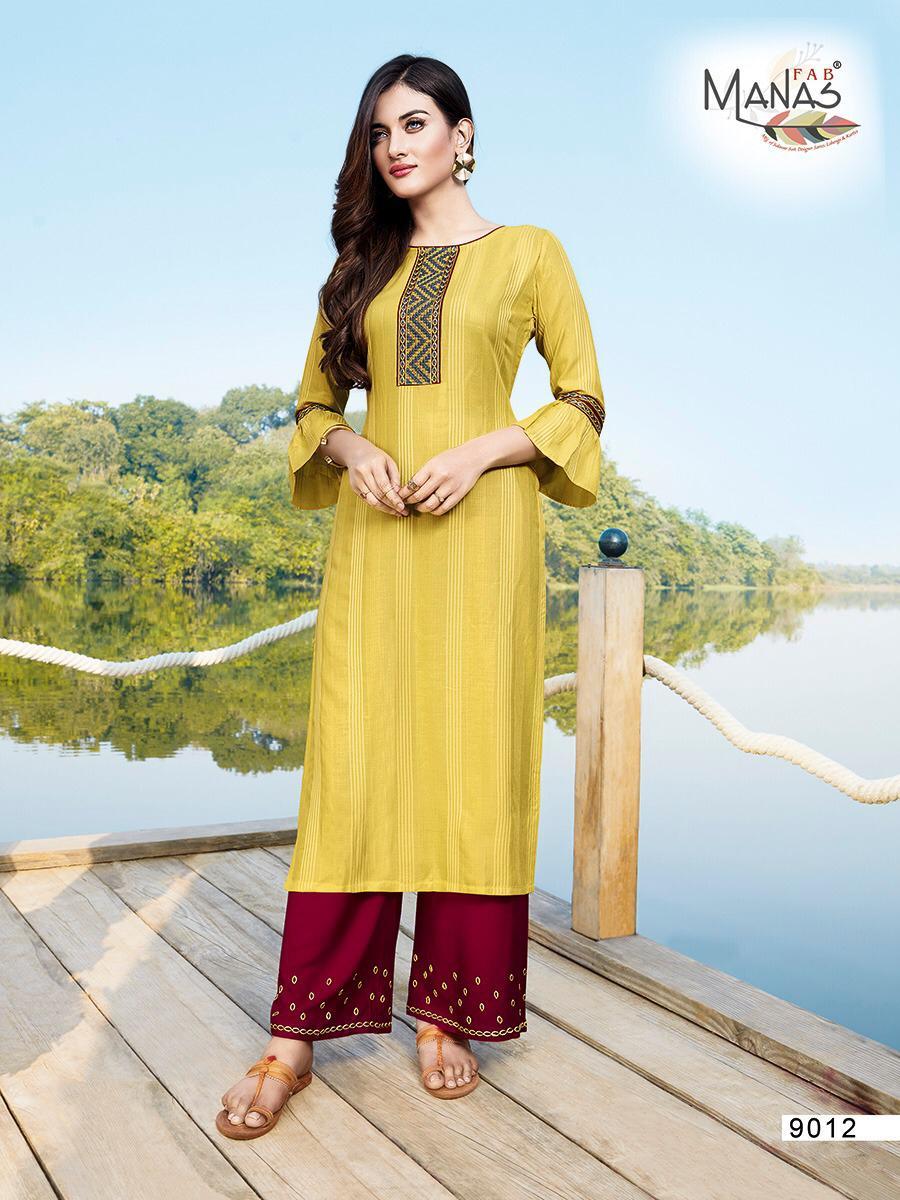 Multi Color Manas Fab Hirwa Vol 2 Rayon Embroidered Kurti With Bottom Catalog