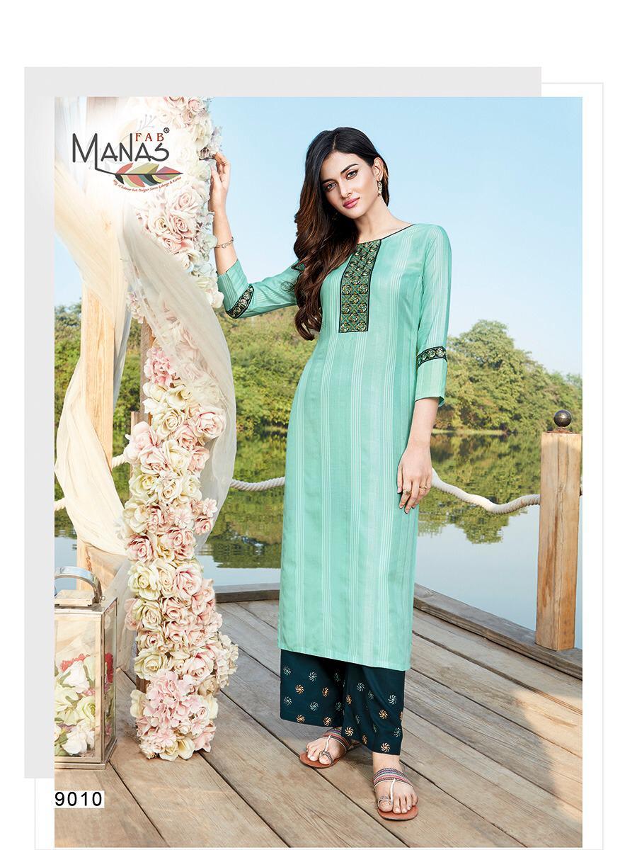 Multi Color Manas Fab Hirwa Vol 2 Rayon Embroidered Kurti With Bottom Catalog