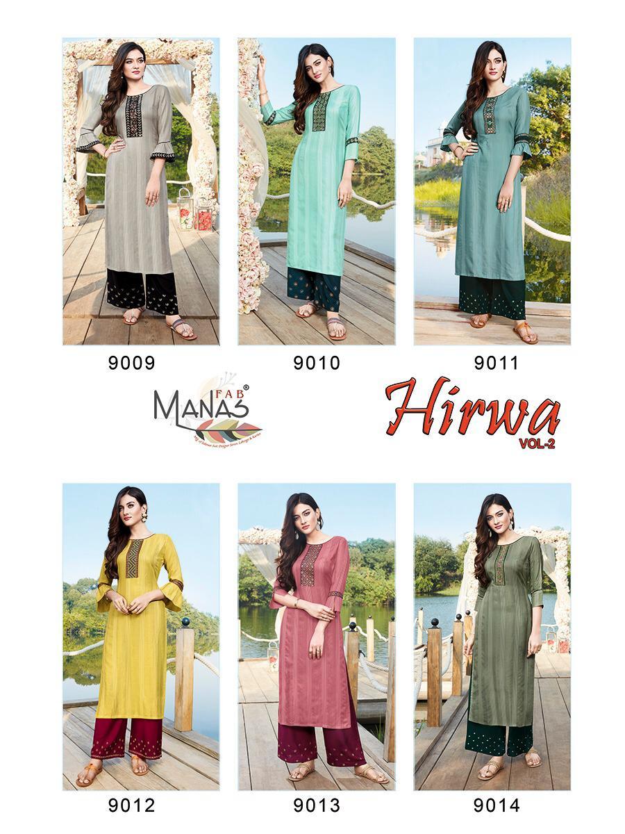 Multi Color Manas Fab Hirwa Vol 2 Rayon Embroidered Kurti With Bottom Catalog