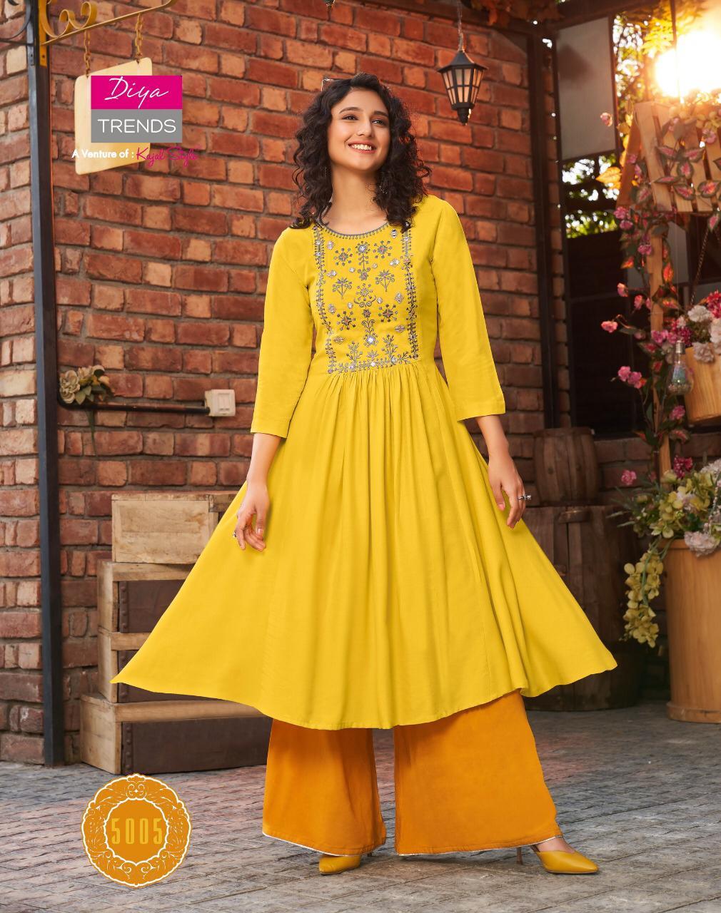 Diya Trendz Ethnicity Vol 5 Rayon Kurti Catalog - Rayon With Fancy Embroidery, Full Stitched Sizes S-xxxxl, Multi-color, 46 To 48 Inches Length, For Ladies