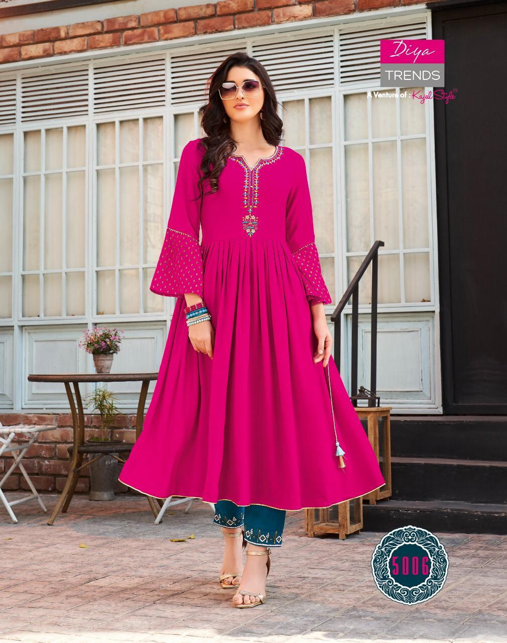 Diya Trendz Ethnicity Vol 5 Rayon Kurti Catalog - Rayon With Fancy Embroidery, Full Stitched Sizes S-xxxxl, Multi-color, 46 To 48 Inches Length, For Ladies