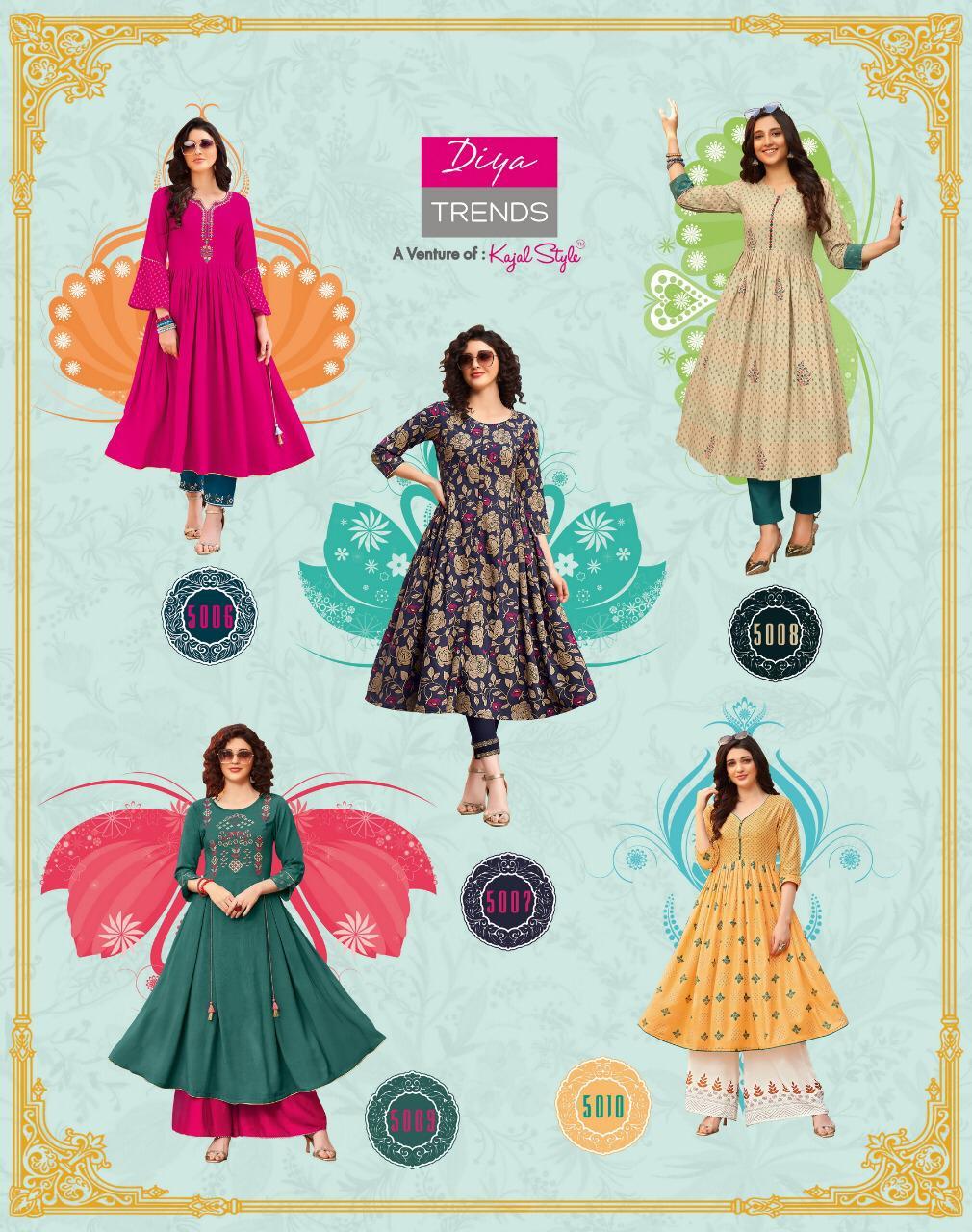 Diya Trendz Ethnicity Vol 5 Rayon Kurti Catalog - Rayon With Fancy Embroidery, Full Stitched Sizes S-xxxxl, Multi-color, 46 To 48 Inches Length, For Ladies