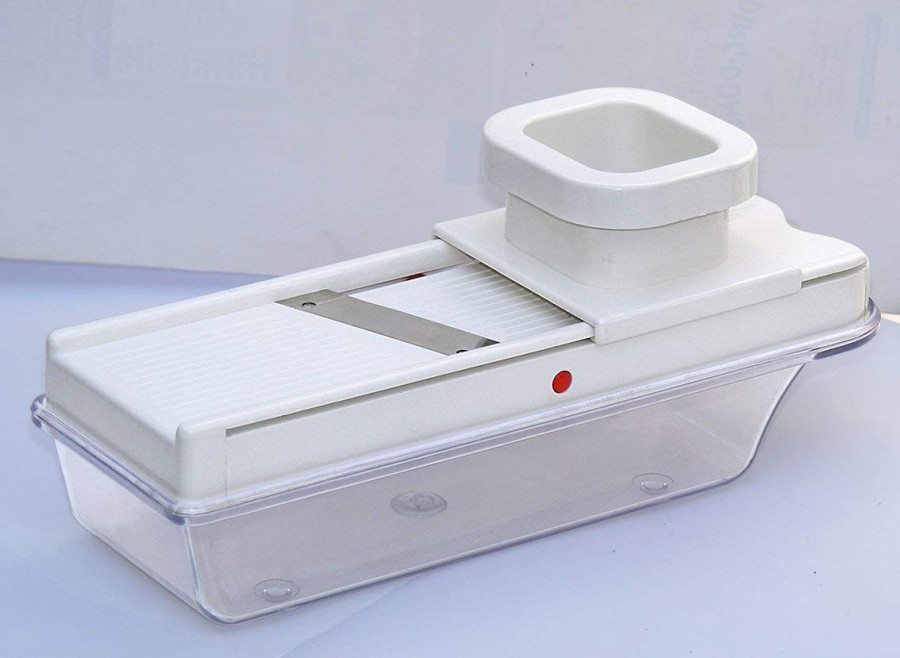 Dryfruit Cutter - Food Grade Abs Plastic & Stainless Steel, 15x7 Cm, White & Yellow | Razor-sharp Blade, Non-slip Base, Push-type Lid