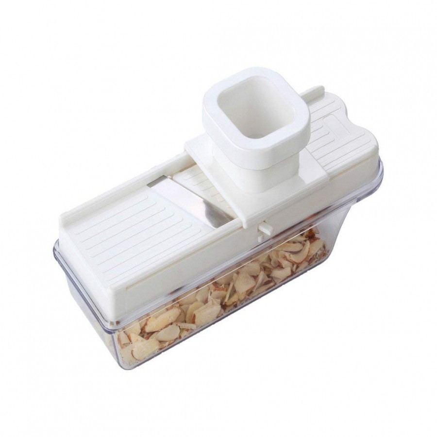 Dryfruit Cutter - Food Grade Abs Plastic & Stainless Steel, 15x7 Cm, White & Yellow | Razor-sharp Blade, Non-slip Base, Push-type Lid