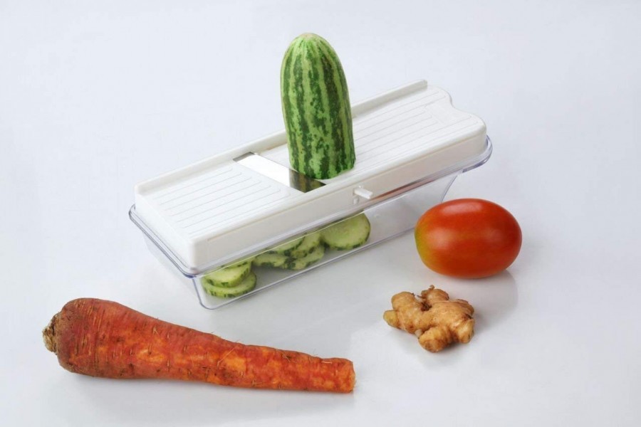Dryfruit Cutter - Food Grade Abs Plastic & Stainless Steel, 15x7 Cm, White & Yellow | Razor-sharp Blade, Non-slip Base, Push-type Lid