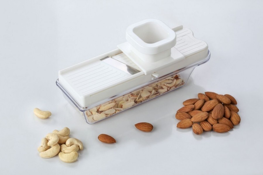 Dryfruit Cutter - Food Grade Abs Plastic & Stainless Steel, 15x7 Cm, White & Yellow | Razor-sharp Blade, Non-slip Base, Push-type Lid