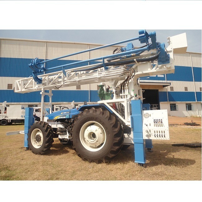 Tractor Mounted Dth Water Well Drilling Rig - Diameter 4-6 Inch Bore Holes, 0-150 M Depth, Semi-automatic Control Panel, Pneumatic Power Source, Medium Duty Channel Structure, 10 Tons Max Capacity, Blue Finish