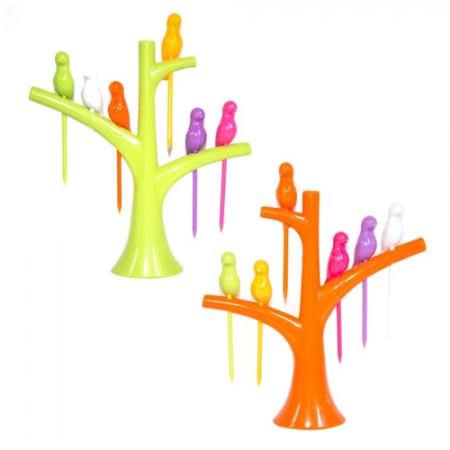 Fruit Fork - Food-Grade Plastic, Six Multicolor Bird-Shaped Forks with Tree Stand | Ideal for Serving Fruits, Snacks, and Desserts