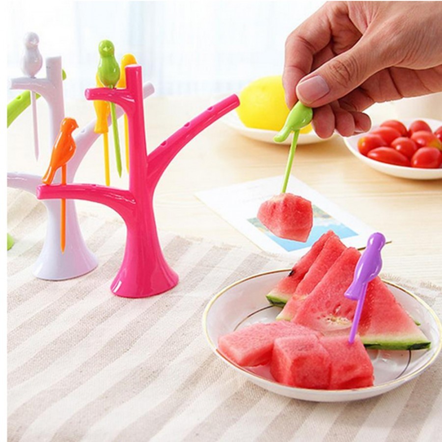 Fruit Fork - Food-grade Plastic, Six Multicolor Bird-shaped Forks With Tree Stand | Ideal For Serving Fruits, Snacks, And Desserts