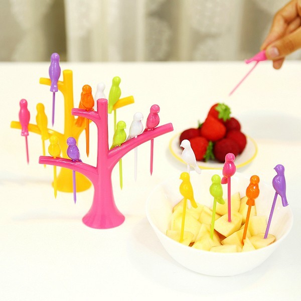 Fruit Fork - Food-grade Plastic, Six Multicolor Bird-shaped Forks With Tree Stand | Ideal For Serving Fruits, Snacks, And Desserts