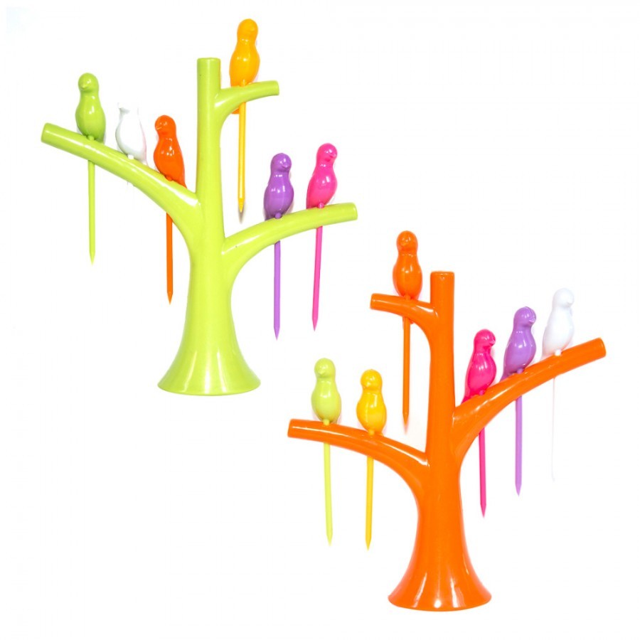 Fruit Fork - Food-grade Plastic, Six Multicolor Bird-shaped Forks With Tree Stand | Ideal For Serving Fruits, Snacks, And Desserts