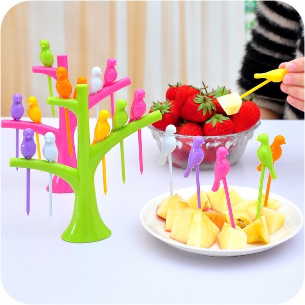 Fruit Fork - Food-grade Plastic, Six Multicolor Bird-shaped Forks With Tree Stand | Ideal For Serving Fruits, Snacks, And Desserts