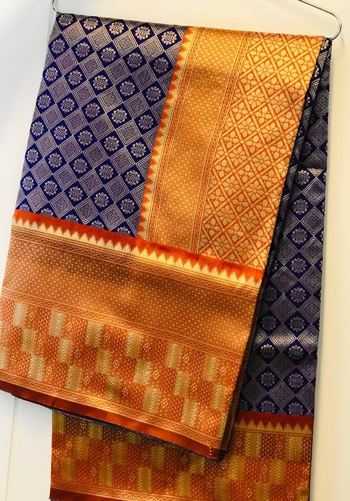 Soft Litchi Silk Saree - Full Body Silver Jari Weaving, Geometric And Floral Patterns With Rich Pallu And Contrast Border