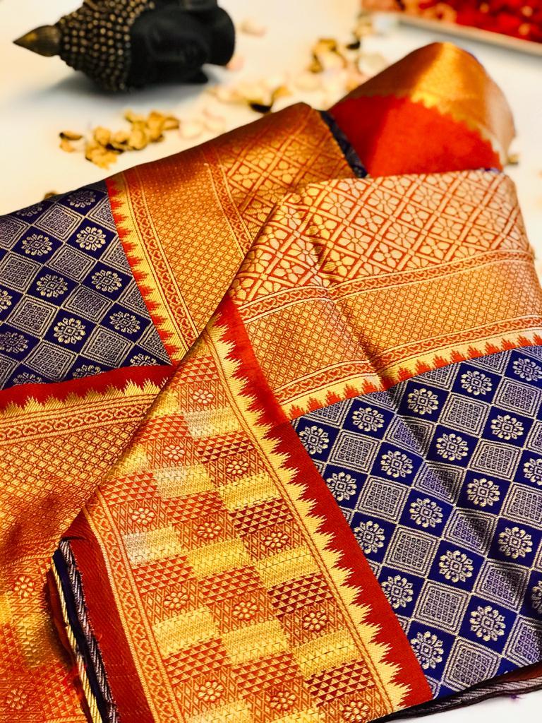 Soft Litchi Silk Saree - Full Body Silver Jari Weaving, Geometric And Floral Patterns With Rich Pallu And Contrast Border