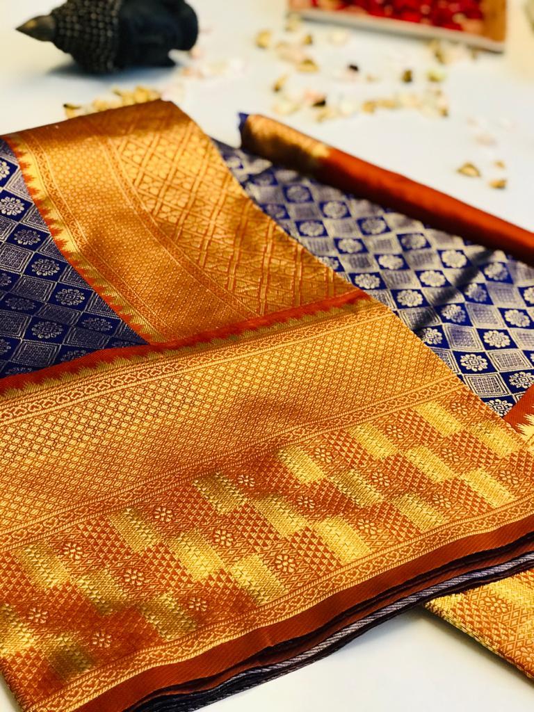 Soft Litchi Silk Saree - Full Body Silver Jari Weaving, Geometric And Floral Patterns With Rich Pallu And Contrast Border