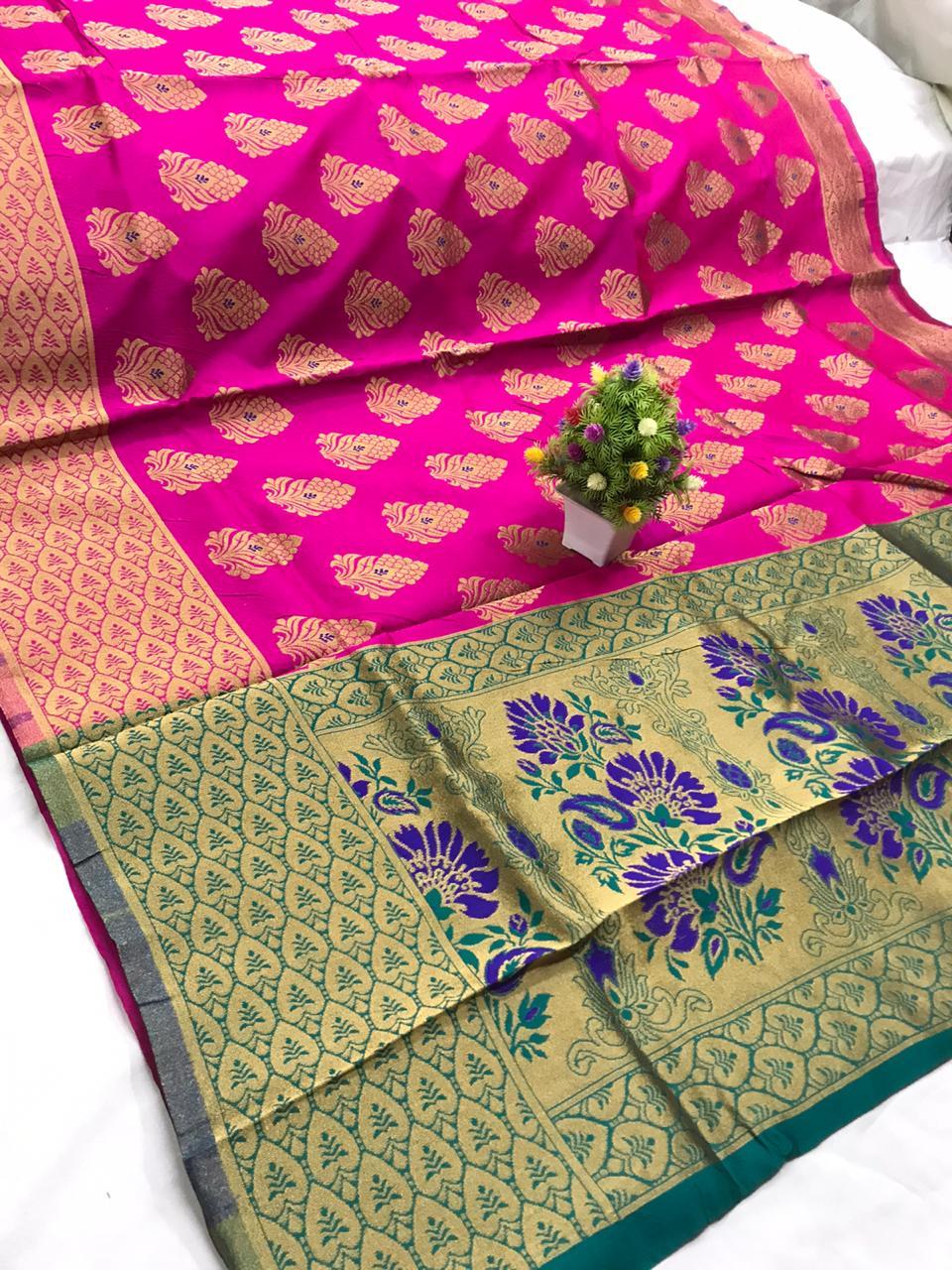 Banarasi Katan Silk Saree - Multi Colour With Pure Zari Weaves | Gorgeous Weaving Pallu, Traditional Bollywood Style, Matching Blouse Piece