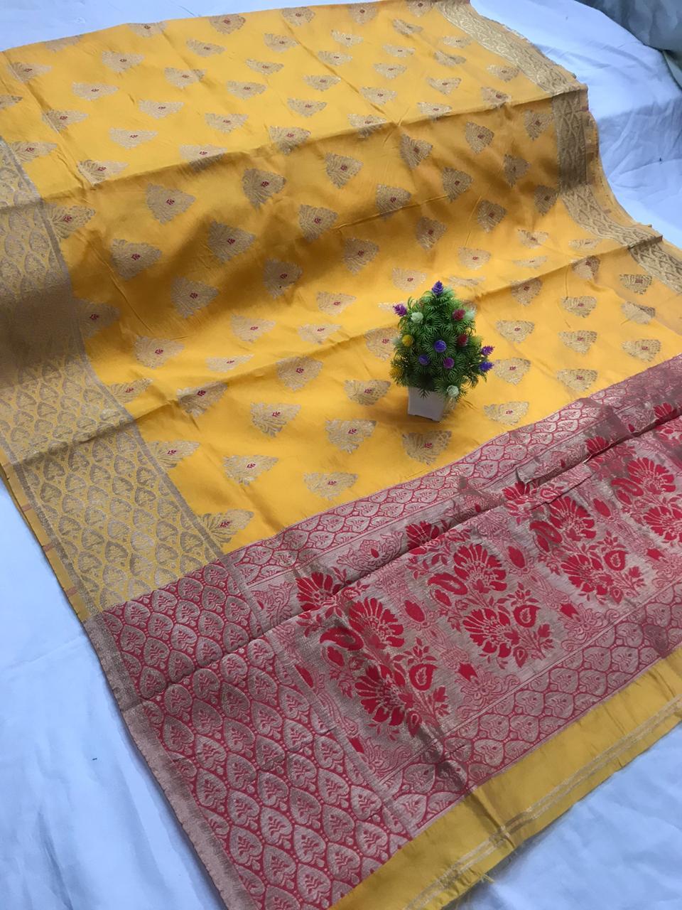 Banarasi Katan Silk Saree - Multi Colour With Pure Zari Weaves | Gorgeous Weaving Pallu, Traditional Bollywood Style, Matching Blouse Piece