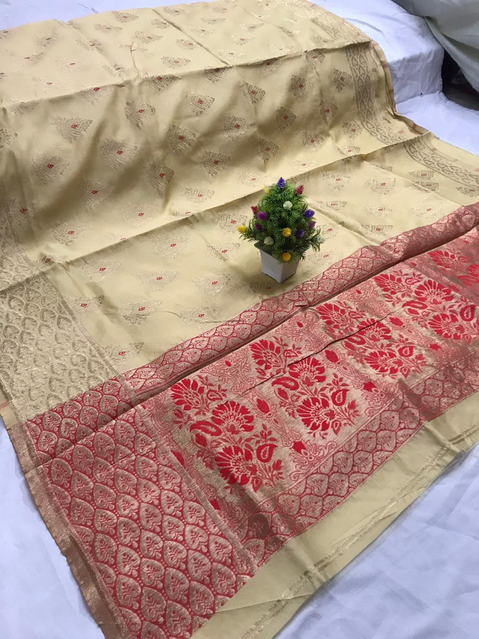 Banarasi Katan Silk Saree - Multi Colour With Pure Zari Weaves | Gorgeous Weaving Pallu, Traditional Bollywood Style, Matching Blouse Piece