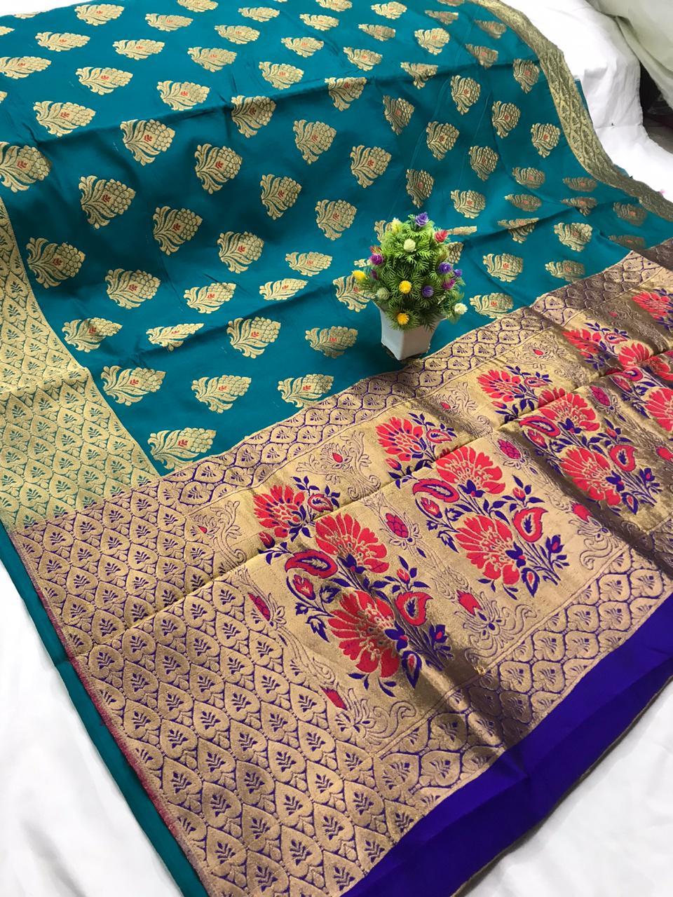 Banarasi Katan Silk Saree - Multi Colour With Pure Zari Weaves | Gorgeous Weaving Pallu, Traditional Bollywood Style, Matching Blouse Piece