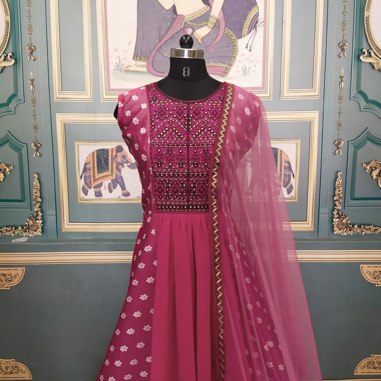 Stylish Rani Pink Palkhi Printed Designer Gown Bust Size: 42 Inch (In)