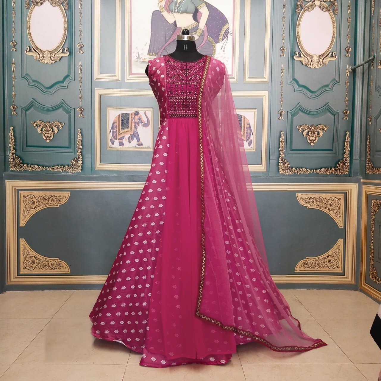 Stylish Rani Pink Palkhi Printed Designer Gown Bust Size: 42 Inch (In)