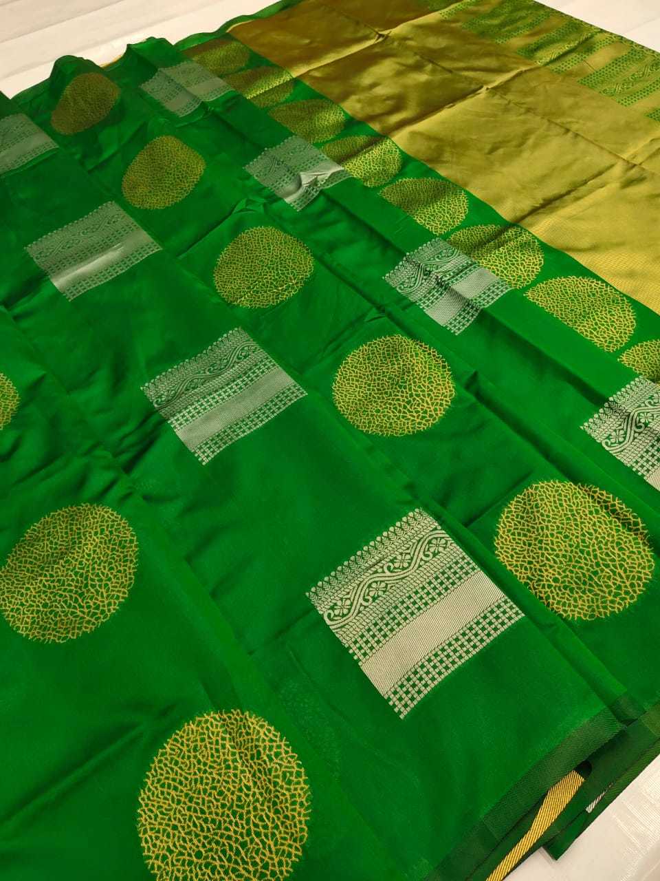 Elegant Pure Lichi Silk Saree - Multicolored With Silver And Golden Jari, Heavy Trendy Grand Pallu And Beautiful Jaquard Border