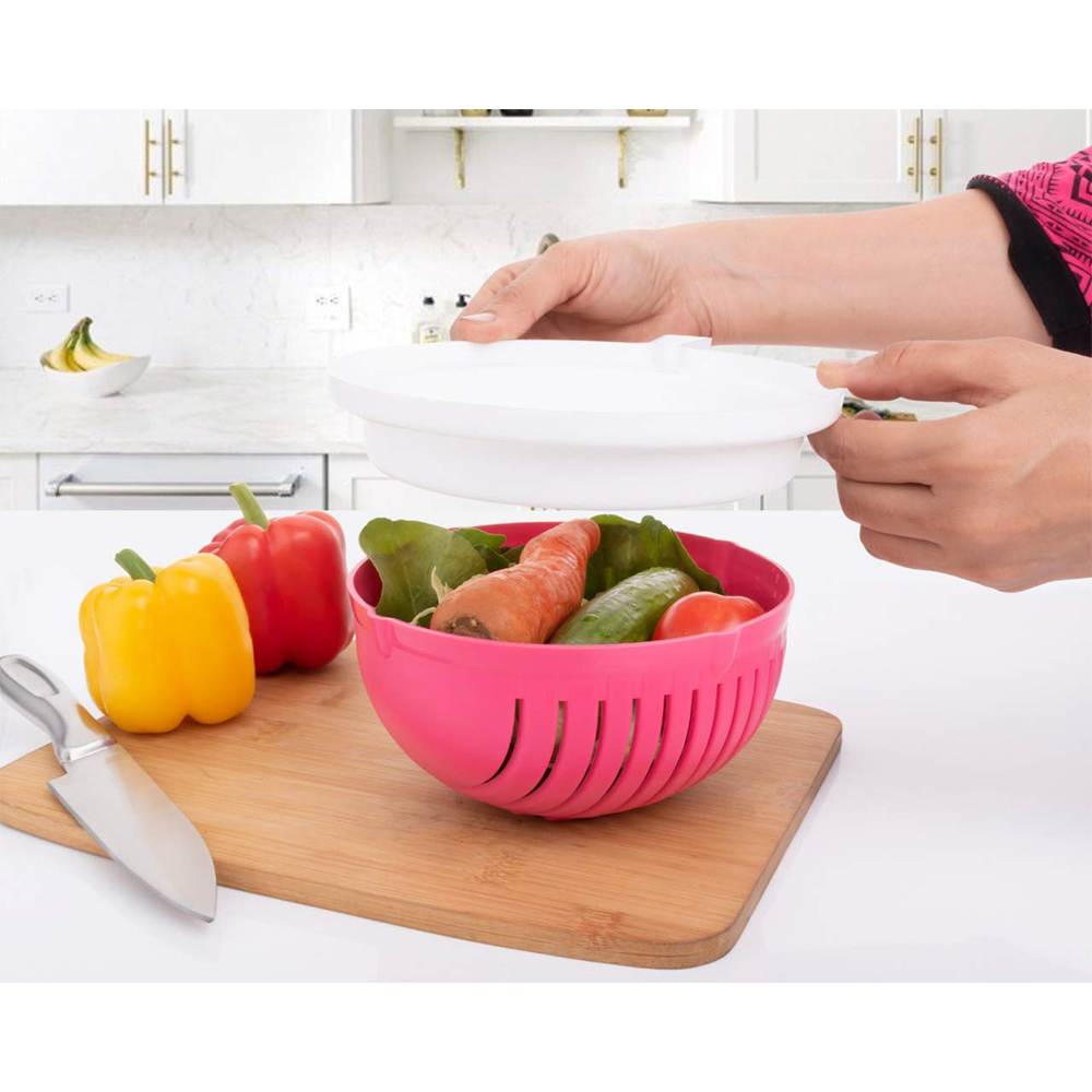 Multipurpose Salad Cutter Strainer Bowl - Pink Material | Effortless Rinsing, Chopping, And Straining All In One