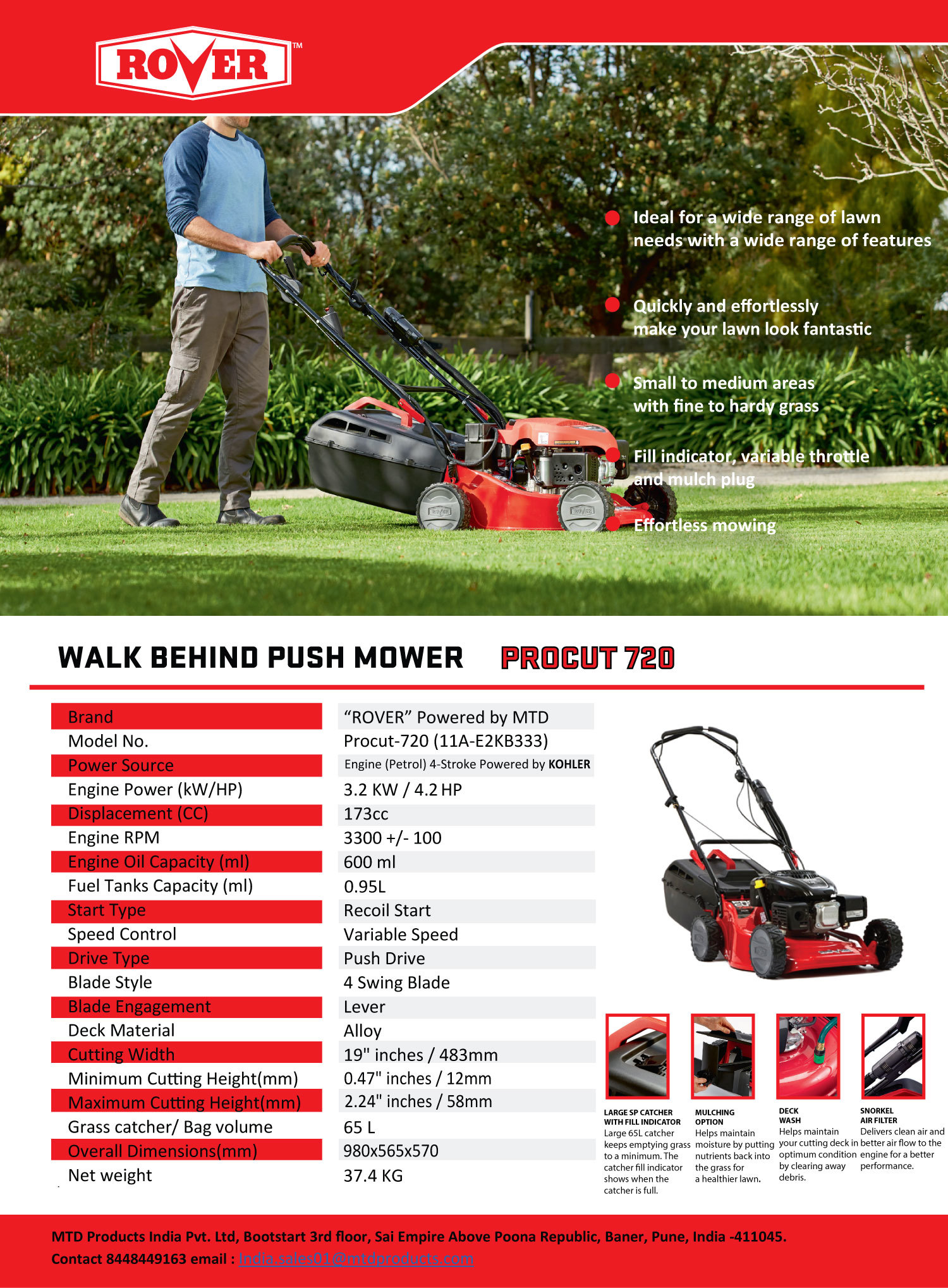 Push Mower - Galvanized Steel, 19" Deck, 173cc Kohler Engine | Eco Friendly, High Performance, Low Noise, Gear Drive