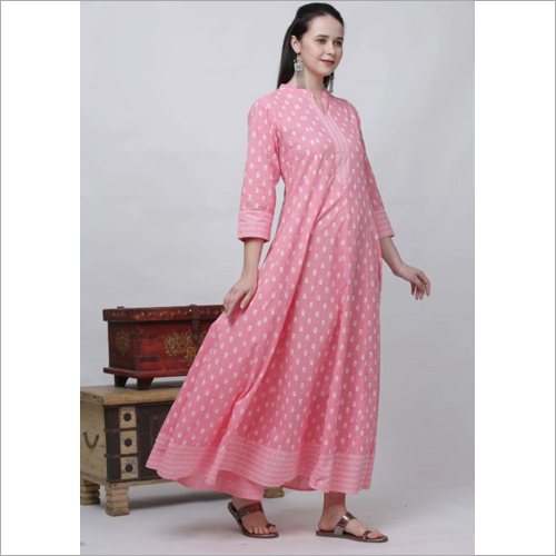 Ladies Printed A Line Kurti - Cotton Blend, 3/4 Sleeve, Printed Pattern | All Season Washable Design for Comfort and Style
