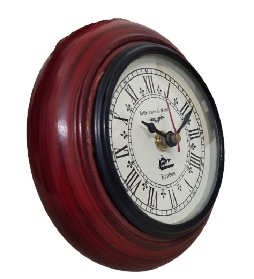 Wooden Round Shape Wall Clock - 6 Inch Red Design | Attractive Wall Decor For Homes And Offices, Long-lasting Impression Gift