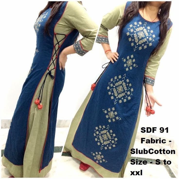 Jaipur Kurti - Slub Cotton, S To Xxl, Blue With Embroidered Three-quarter Sleeves And Round Neckline