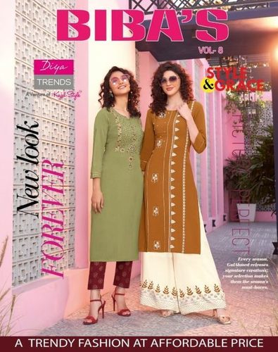 Diya Trendz - Bibas Vol 8 Rayon Cotton Kurti With Plazzo & Pant, Multi Color, Trendy Embroidered Design for All Seasons