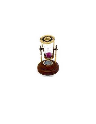 Brass Sand Timer with Compass Wooden Stand - Metal, 4 x 4 x 8 cm, Brown Golden | Customizable Timer Settings for Office & Home Decoration
