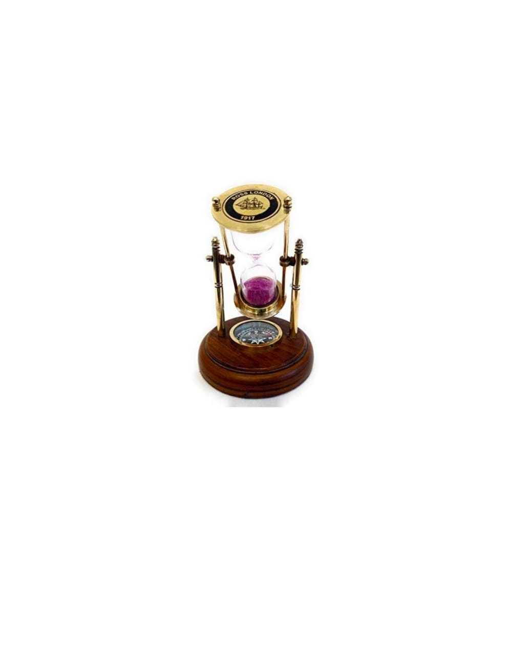 Brass Sand Timer With Compass Wooden Stand - Metal, 4 X 4 X 8 Cm, Brown Golden | Customizable Timer Settings For Office & Home Decoration