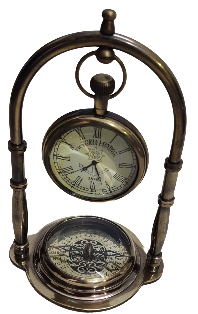 Metal Antique Table Clock With Compass