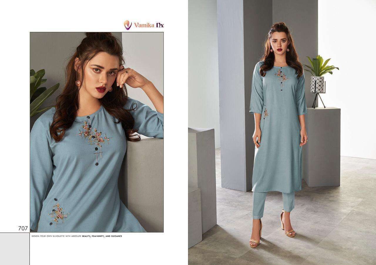 Vamika Nx Amour Viscose Slub Kurti With Pant Catalog - Pure Viscose Slub Top, Rubby Cotton Pant | Multi Color, Size S-3xl, Ethnic Style, Embroidered Pattern, Washable, Suitable For All Seasons