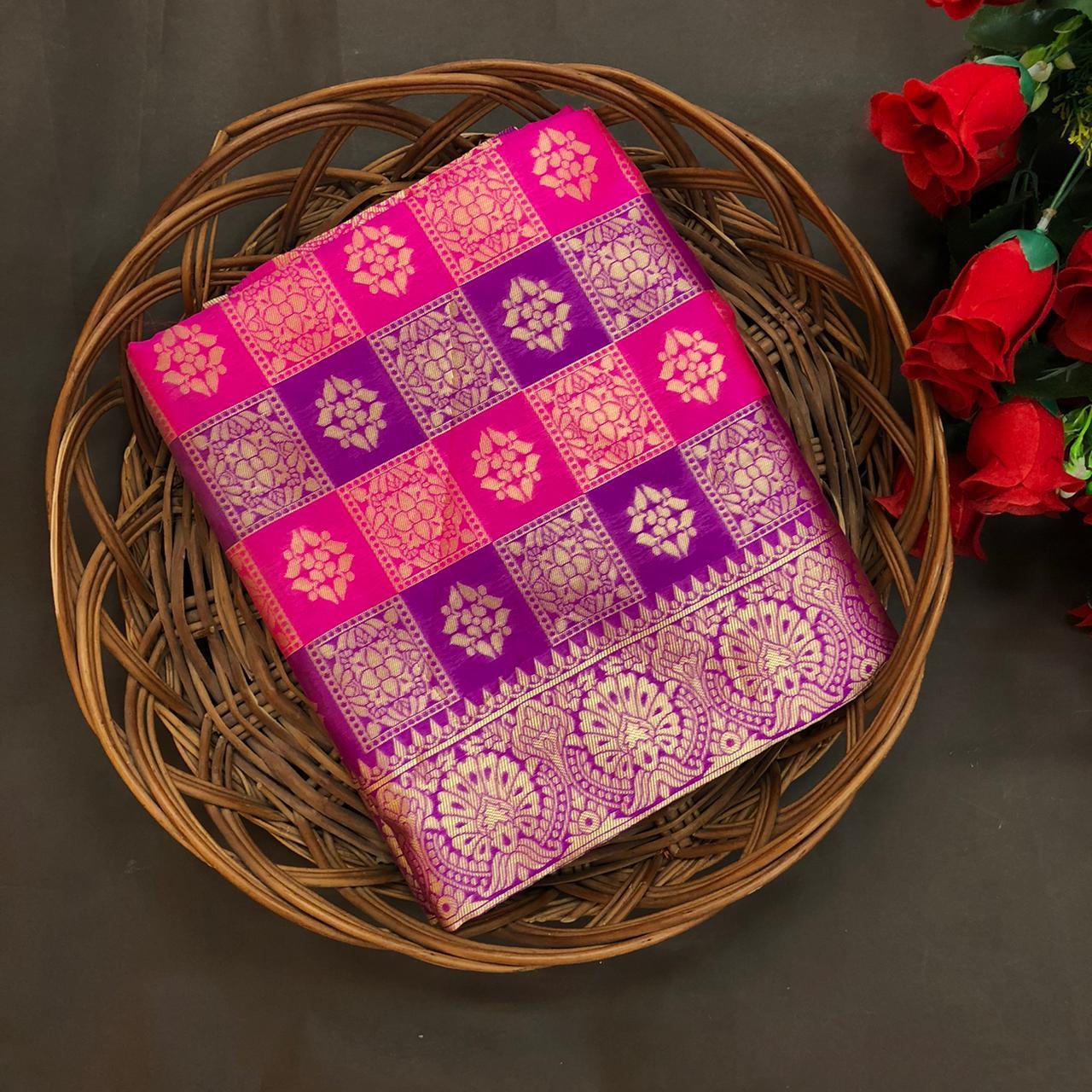 Jacquard Saree - Soft Lichi Silk, 5.5 Meter Length | Multi Color, Golden Zari Weaving, Traditional Bollywood Style