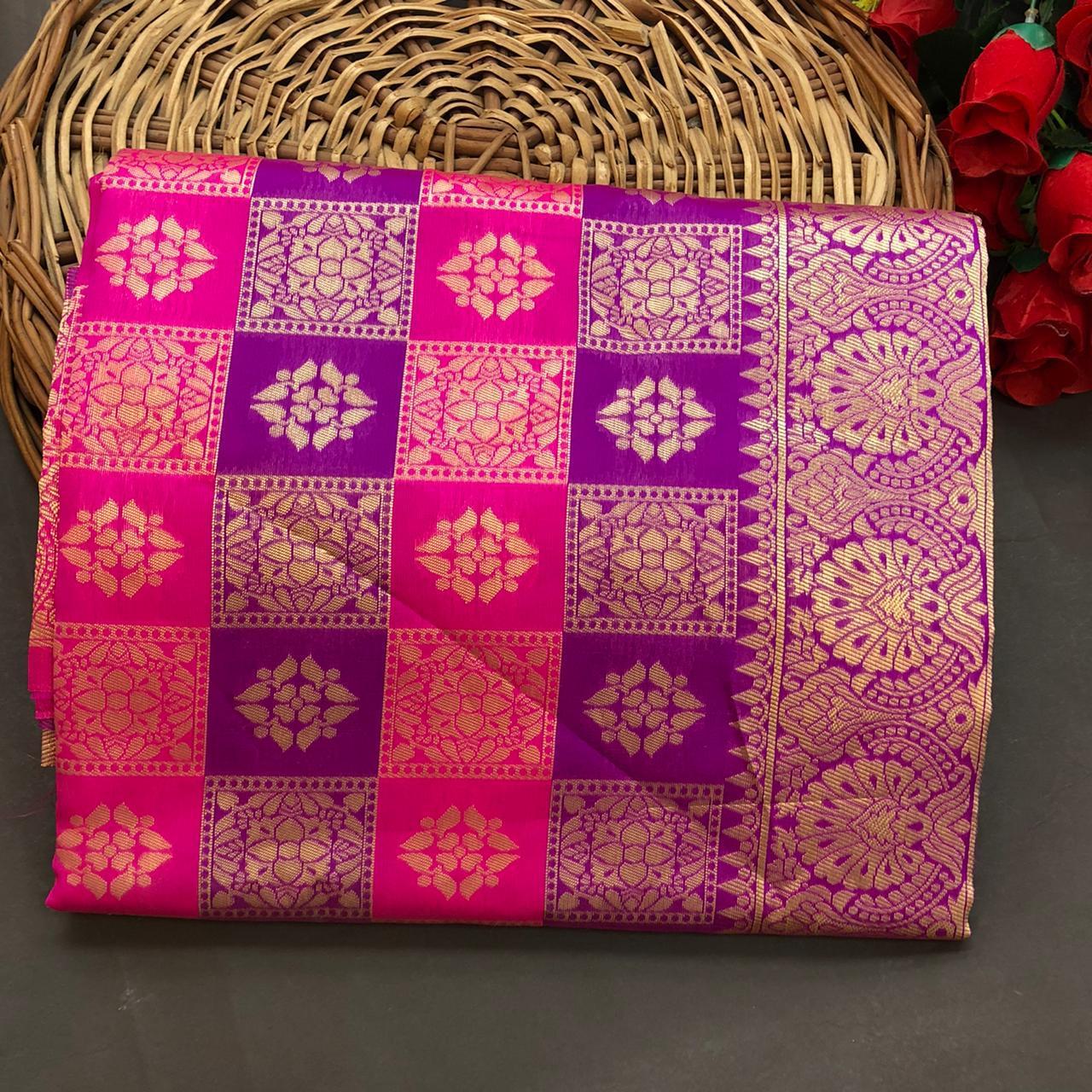 Jacquard Saree - Soft Lichi Silk, 5.5 Meter Length | Multi Color, Golden Zari Weaving, Traditional Bollywood Style