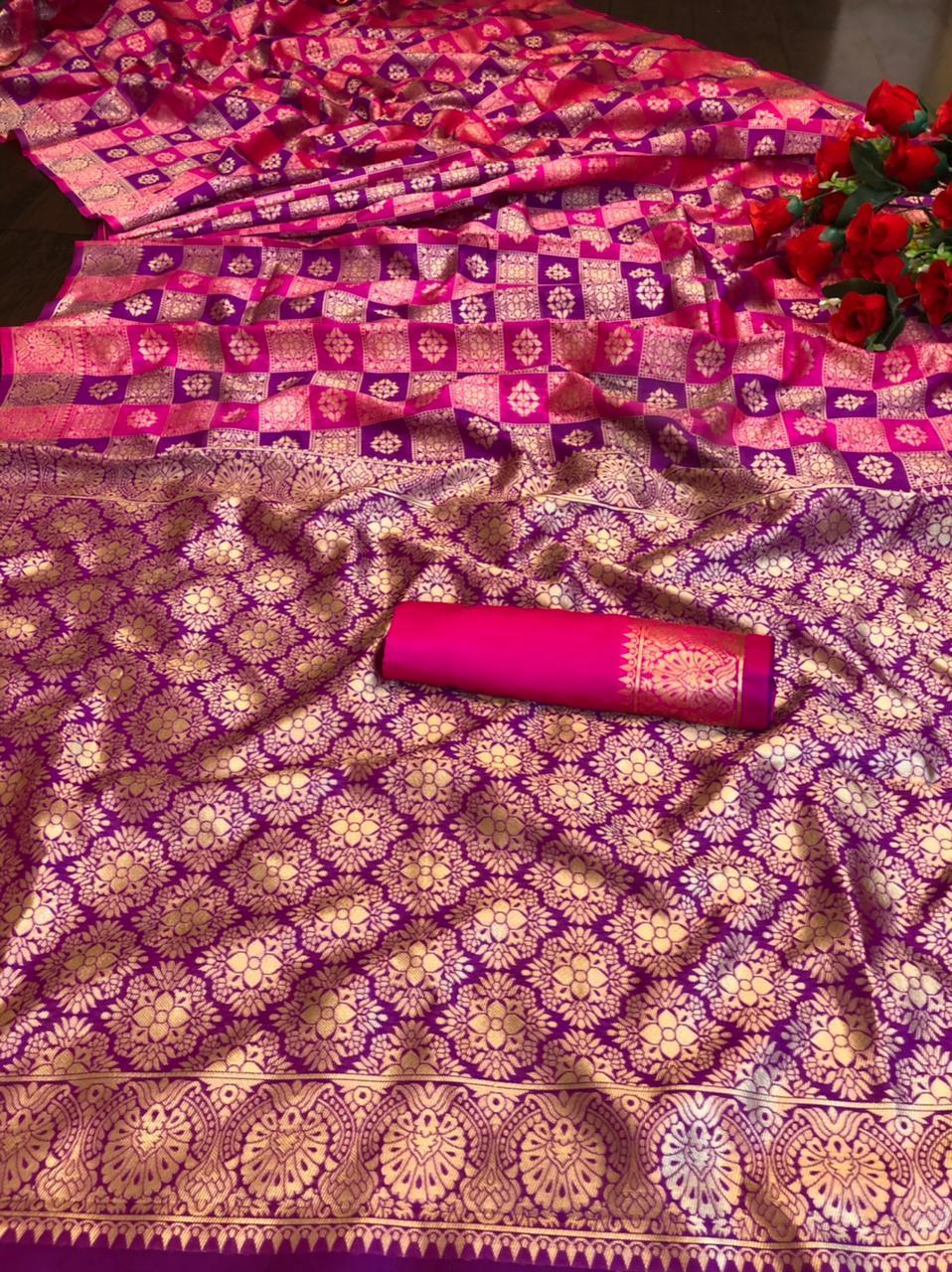 Jacquard Saree - Soft Lichi Silk, 5.5 Meter Length | Multi Color, Golden Zari Weaving, Traditional Bollywood Style