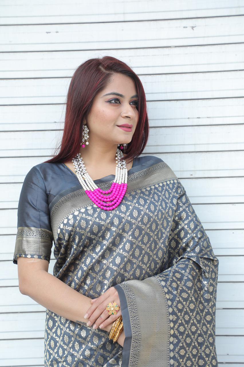 Ladies Pure Silk Saree - Pure Lichi Silk, Length 5.5 Meter, Color Gray | Ideal For Traditional Occasions, Suited For All Seasons